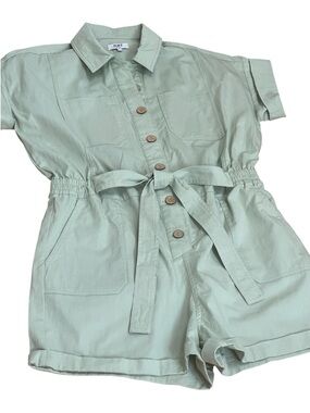 OAT Light Green Utility Jumper Romper Sz L 100% Cotton Shorts Short Sleeves